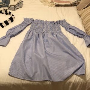 Blue and white striped off shoulder dress